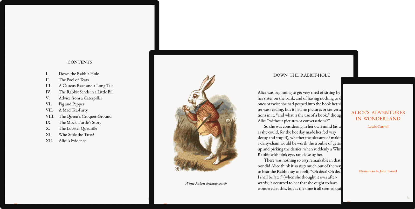Alice’s Adventures in Wonderland, displayed at different screen sizes and orientations: portrait, landscape, narrow (mobile)